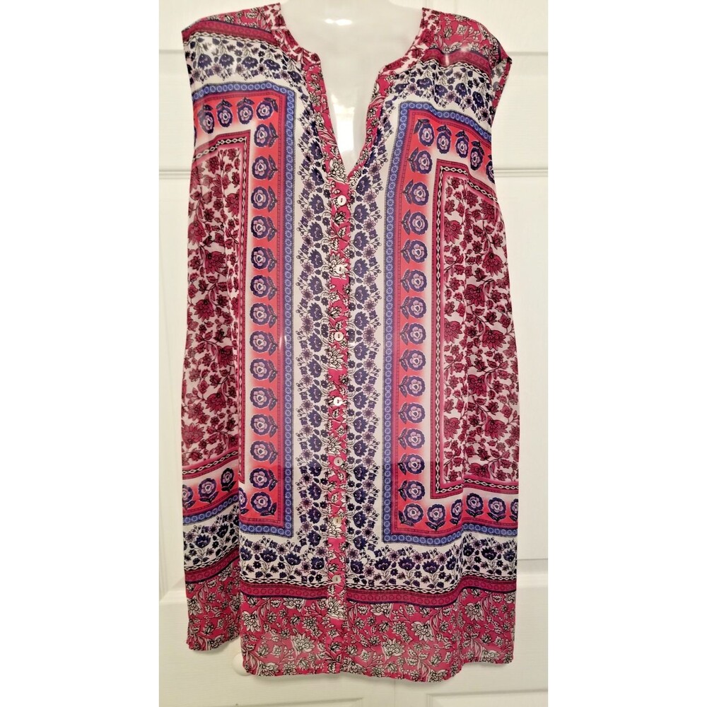 Susan Graver Top Floral Bohemian Sleeveless Sheer V-Neck Flowy Oversize Size 1XP